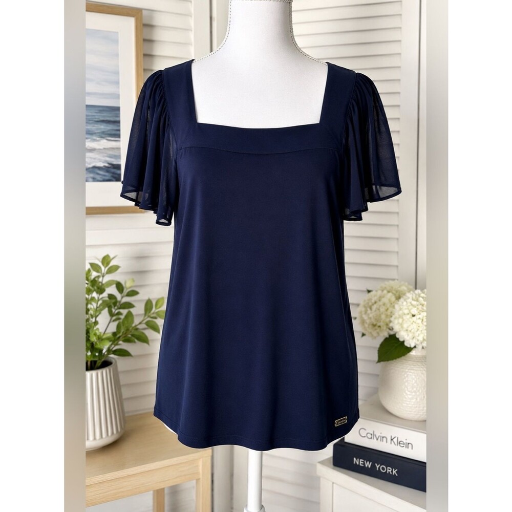 Calvin Klein Navy Square Neck Flutter Sleeve Blouse L NWT Workwear.